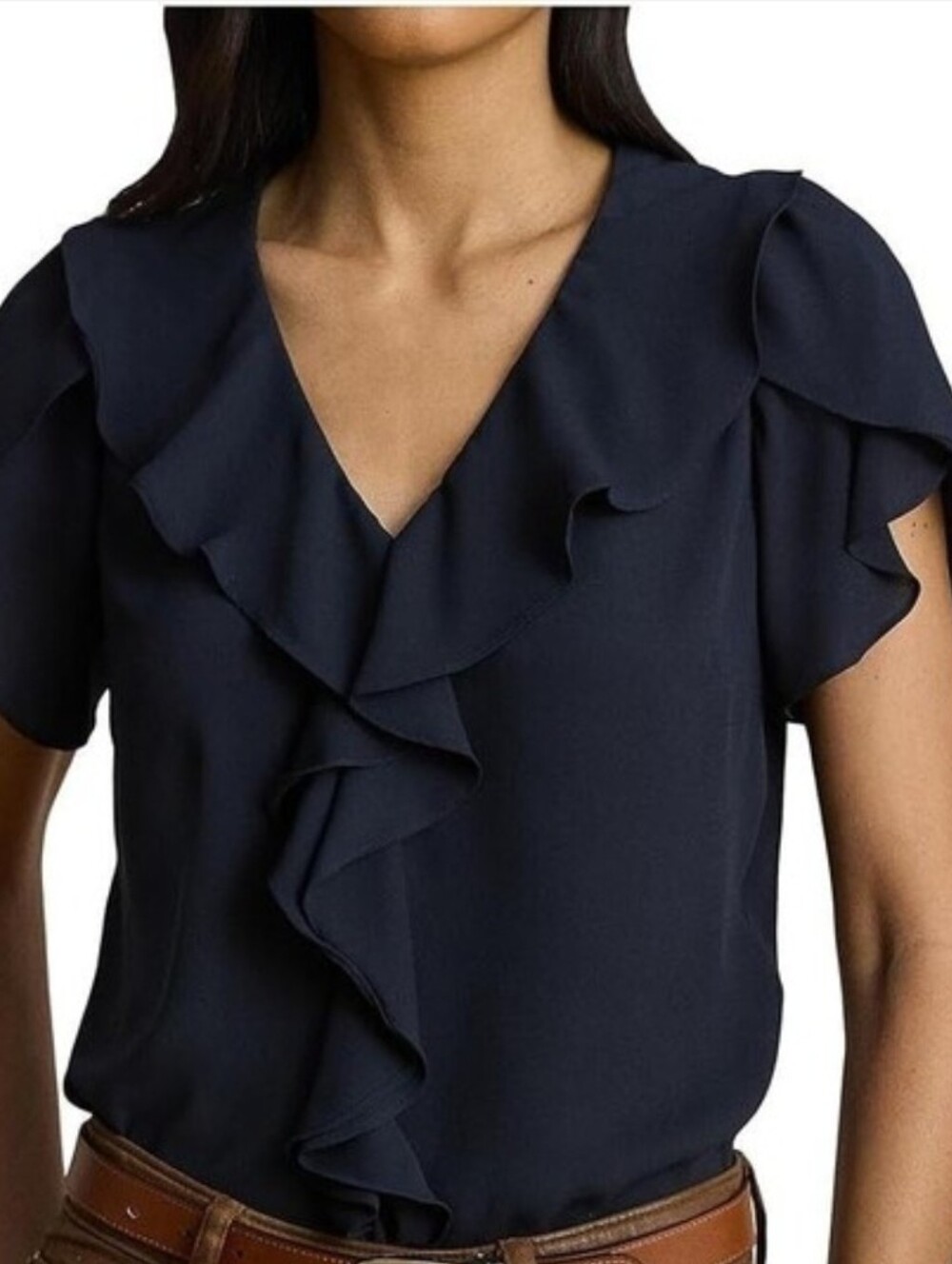 Lauren Ralph Lauren Navy Cascade Ruffle V-Neck Blouse, Size 3X, Sheer Fabric